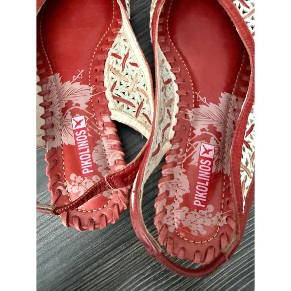 Pikolinos Romana Woven Red, White, & Tan Leather Peep Toe Sandals Flats Sz. 37 - Picture 5 of 7